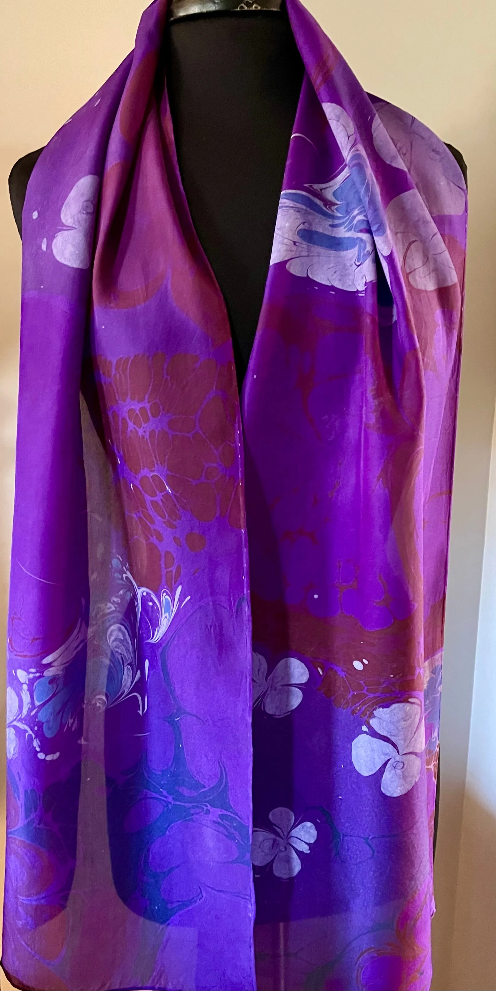 Purple Flowers water marbled Silk, Scarf, table runner or wall hanging.scarf ... original.