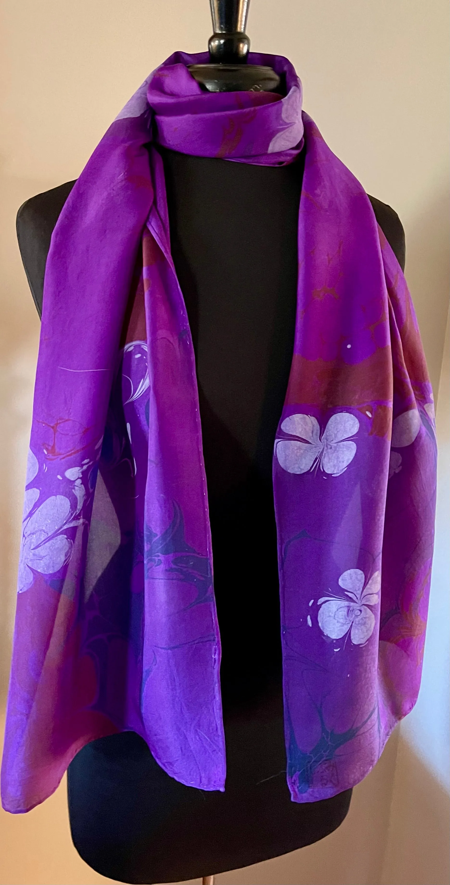 Purple Flowers water marbled Silk, Scarf, table runner or wall hanging.scarf ... original.