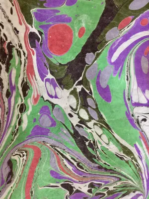 Purple, green, red, black and white marbled Habotai Silk 14x72"