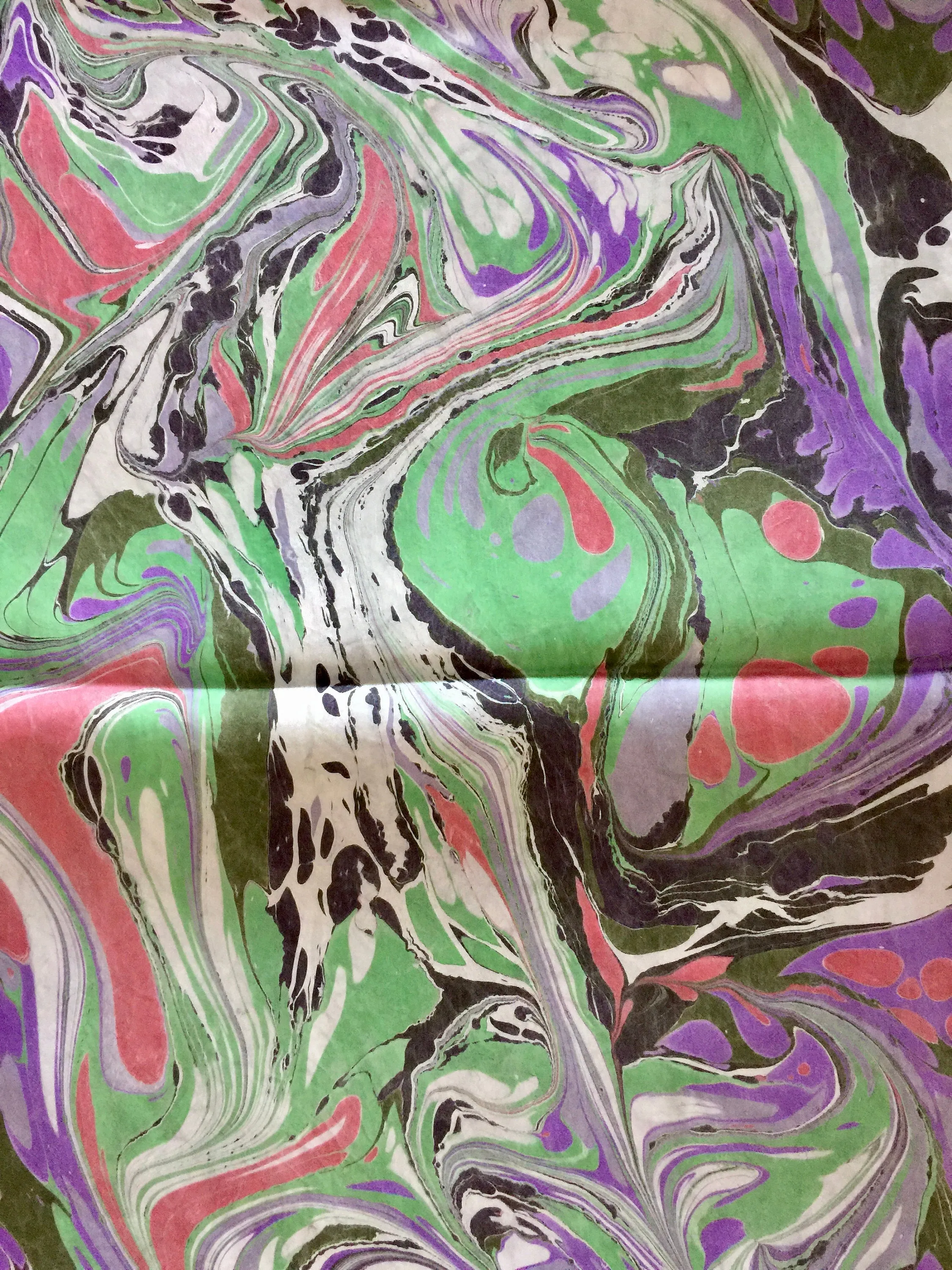Purple, green, red, black and white marbled Habotai Silk 14x72"