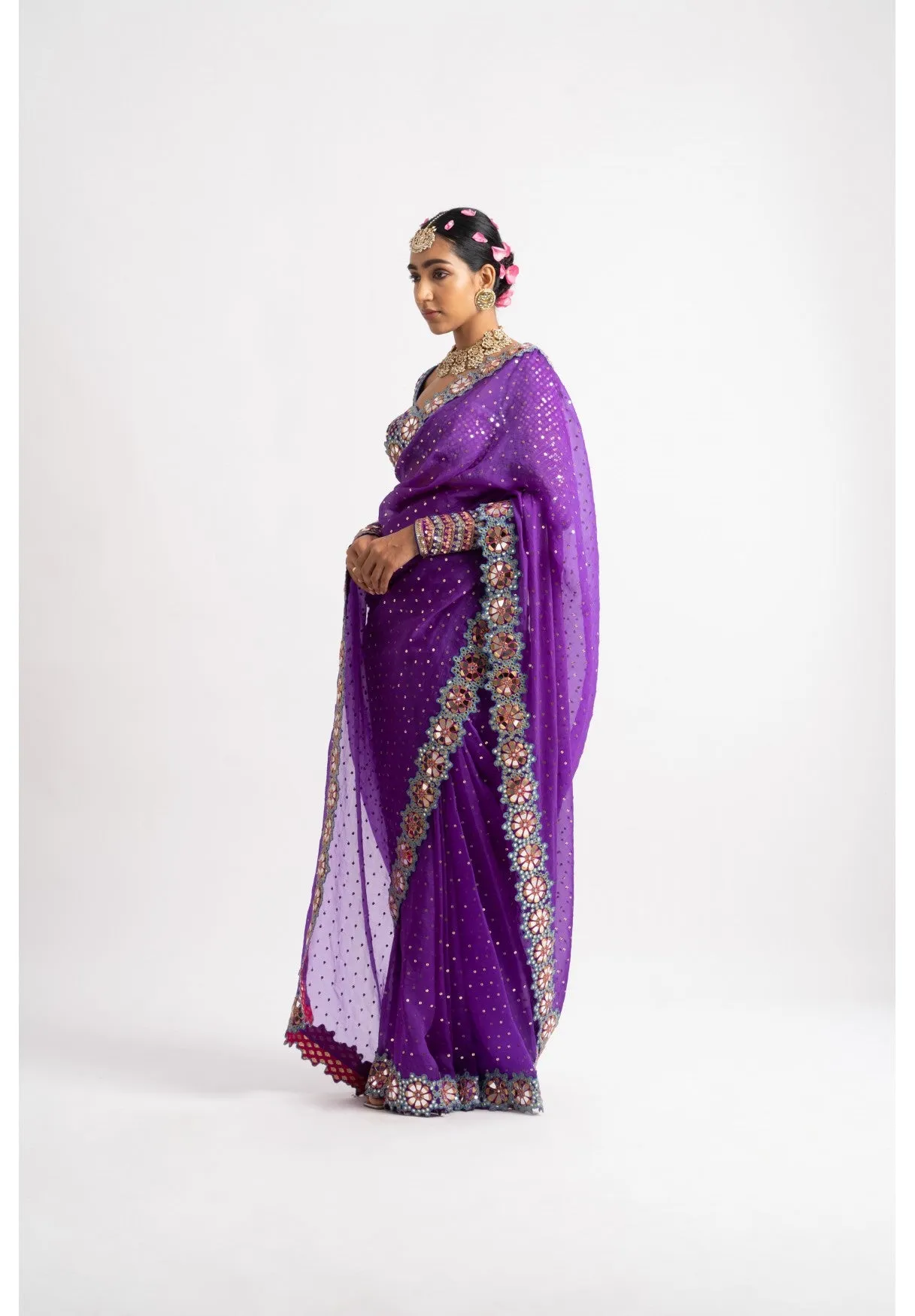 Purple Hand Cut Mirror Border Saree Set