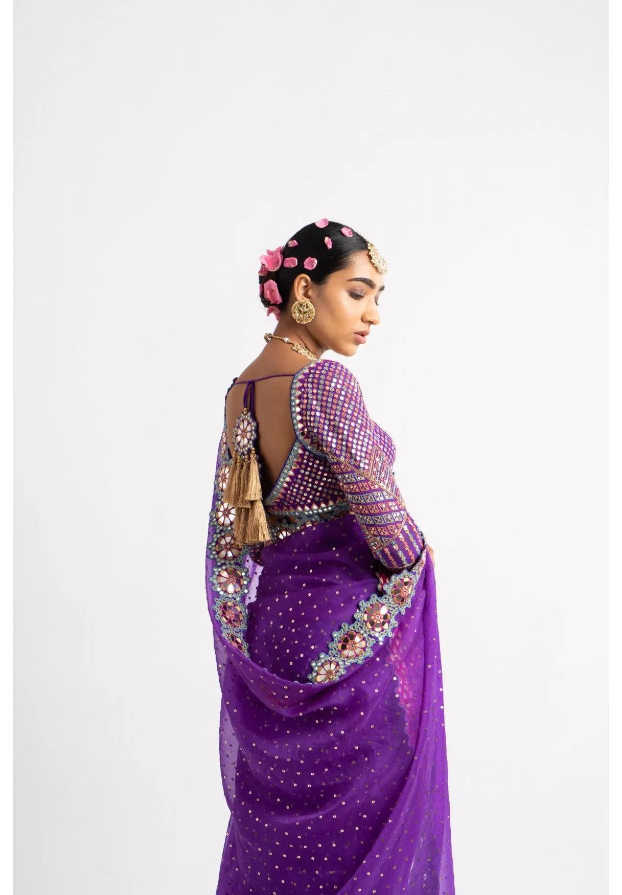 Purple Hand Cut Mirror Border Saree Set