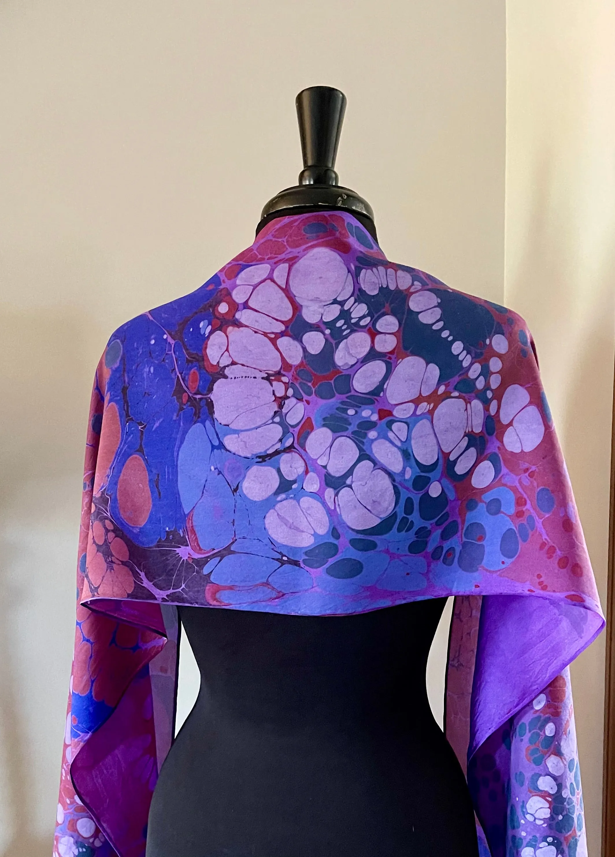 Purple Random water marbled Silk, Scarf, table runner or wall hanging.scarf ... original.