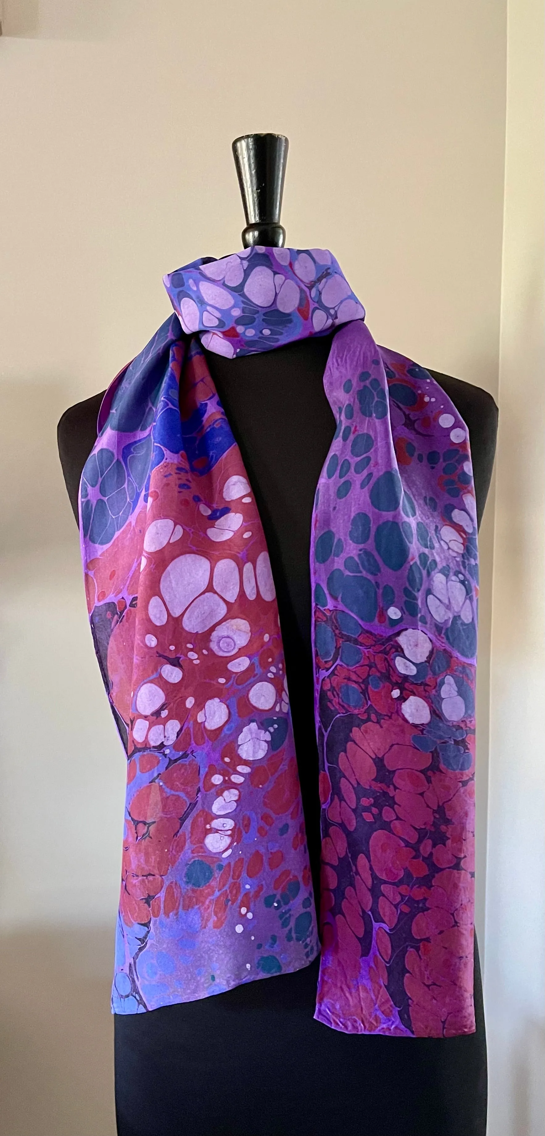 Purple Random water marbled Silk, Scarf, table runner or wall hanging.scarf ... original.