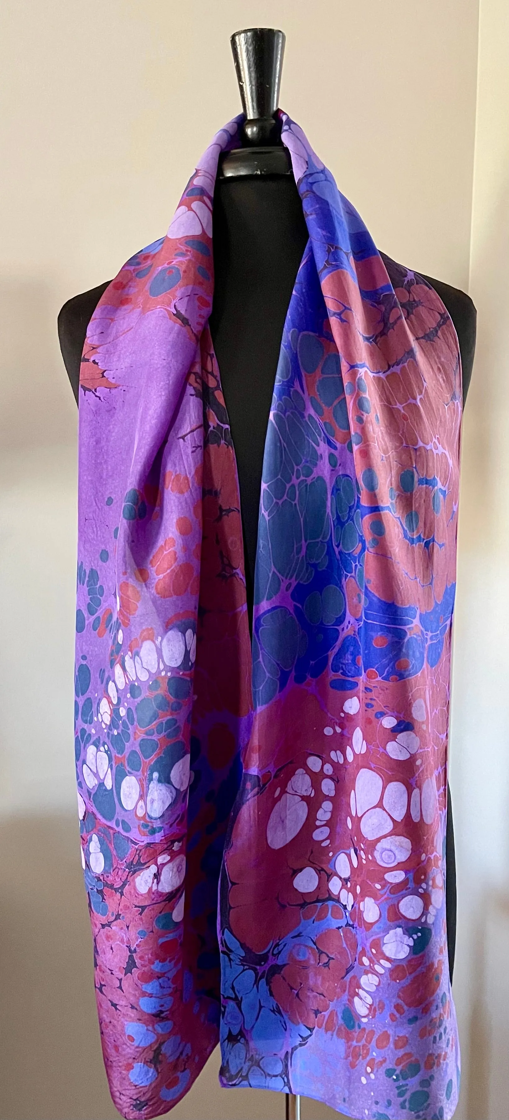 Purple Random water marbled Silk, Scarf, table runner or wall hanging.scarf ... original.