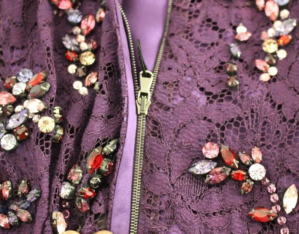 Purple Sequin Dress floral lace crystal sequin dress mid short sleeves
