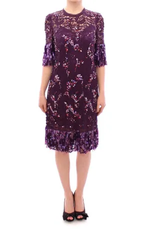 Purple Sequin Dress floral lace crystal sequin dress mid short sleeves