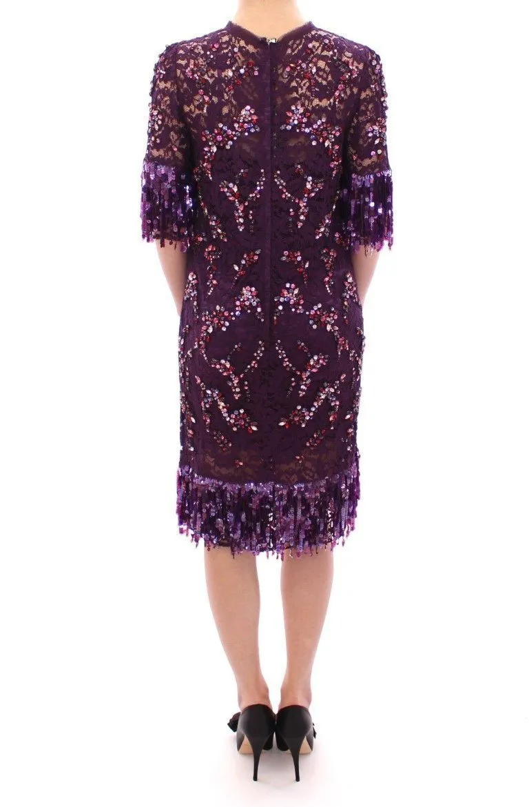Purple Sequin Dress floral lace crystal sequin dress mid short sleeves