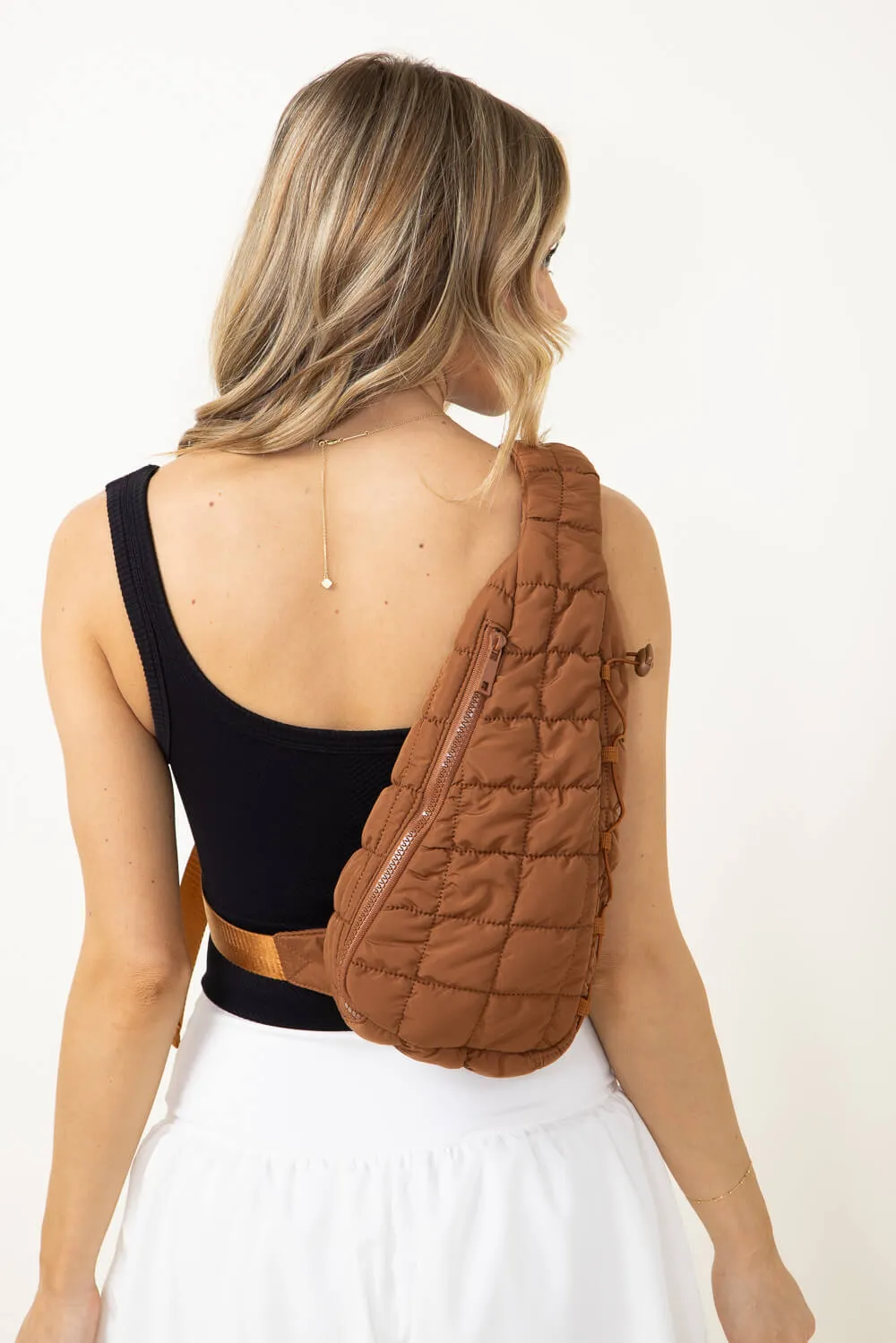 Quilted Puffer Sling Bag for Women in Brown | QBS4110088-BROWN