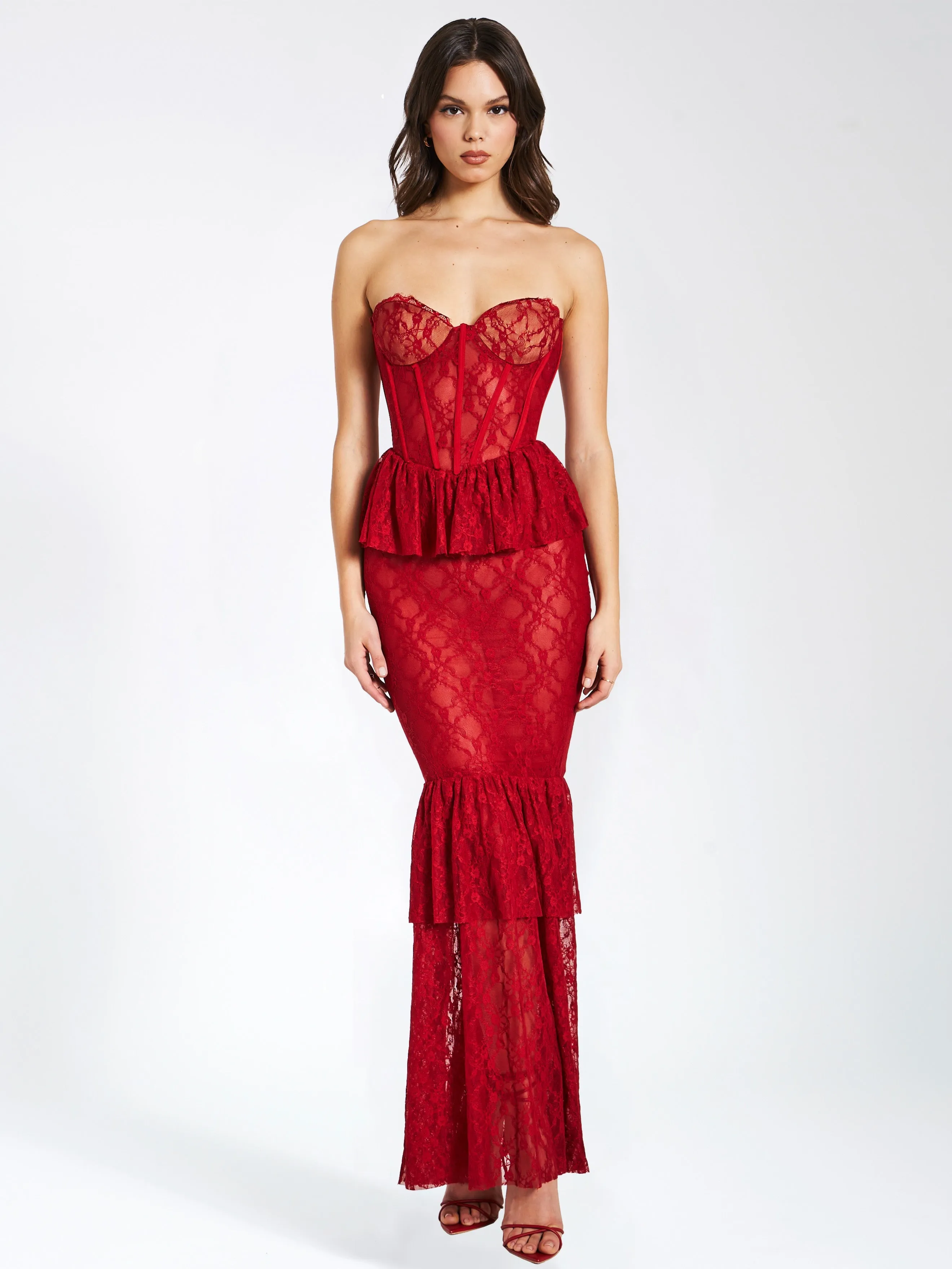 Quin Red Lace Corset Maxi Dress