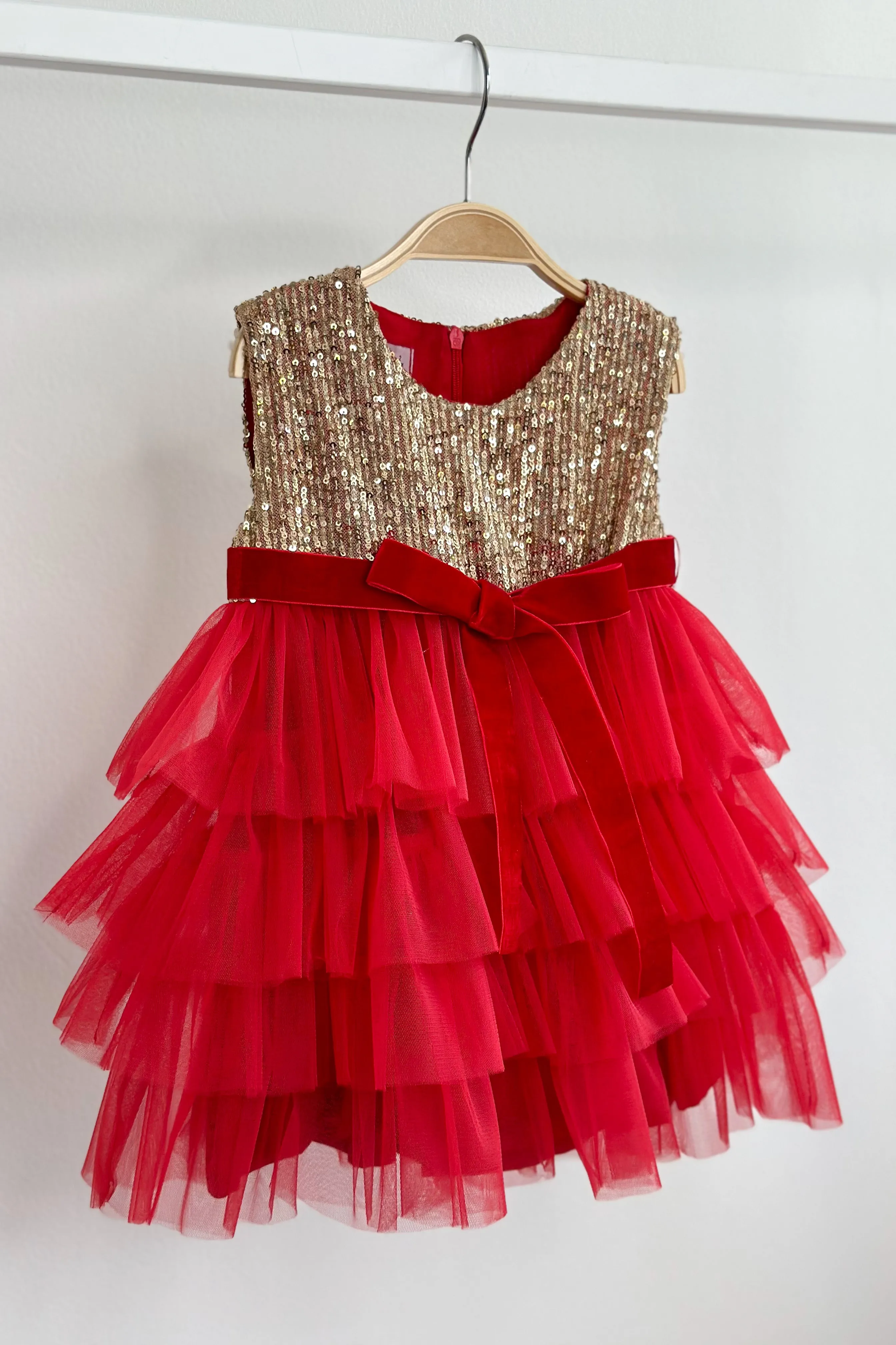 "Eve" Gold Sequin Red Tulle Dress