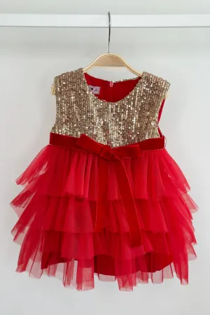 "Eve" Gold Sequin Red Tulle Dress