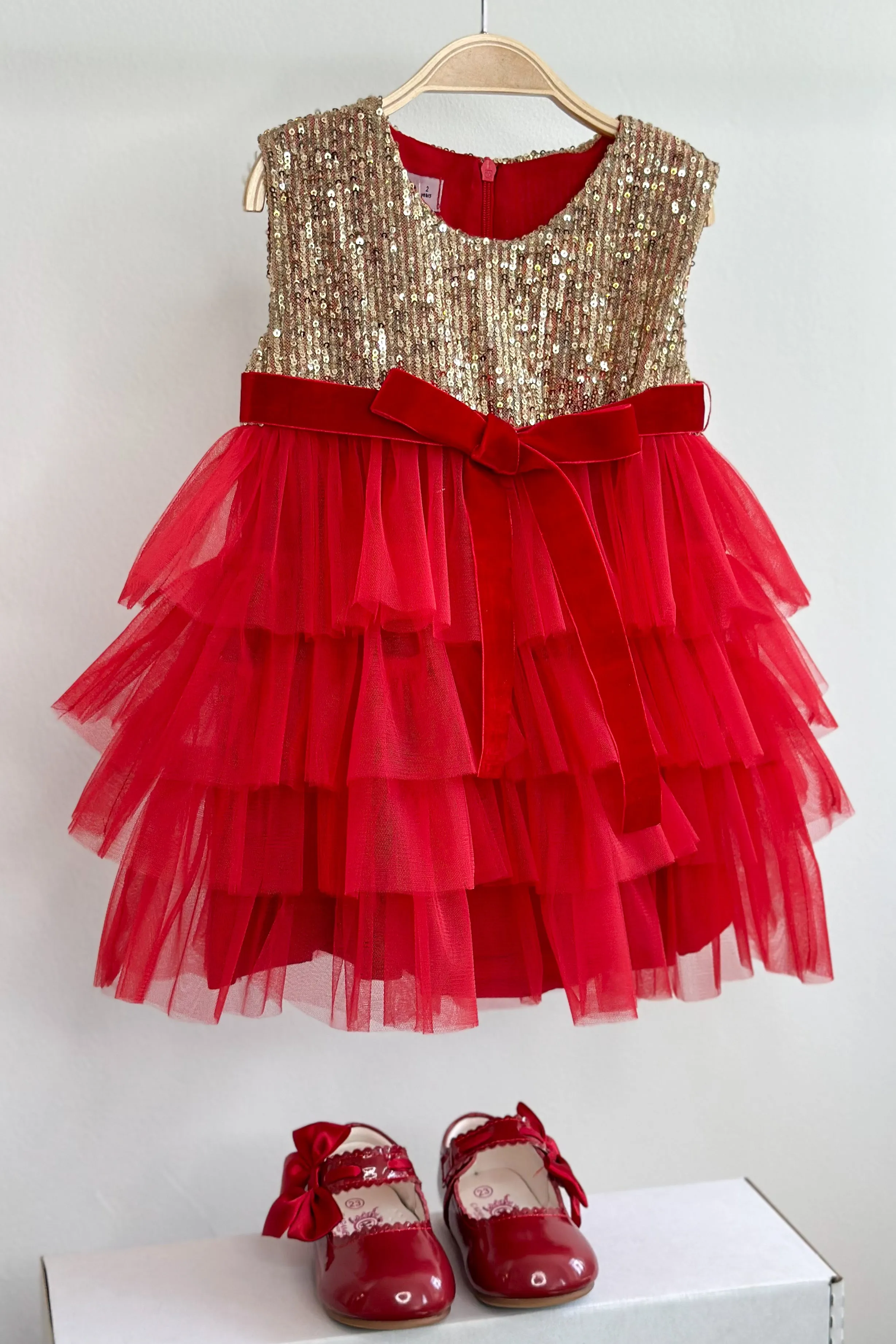 "Eve" Gold Sequin Red Tulle Dress