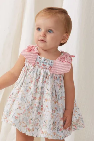 "Lana" Coral Watercolour Floral Smocked Dress & Bloomers