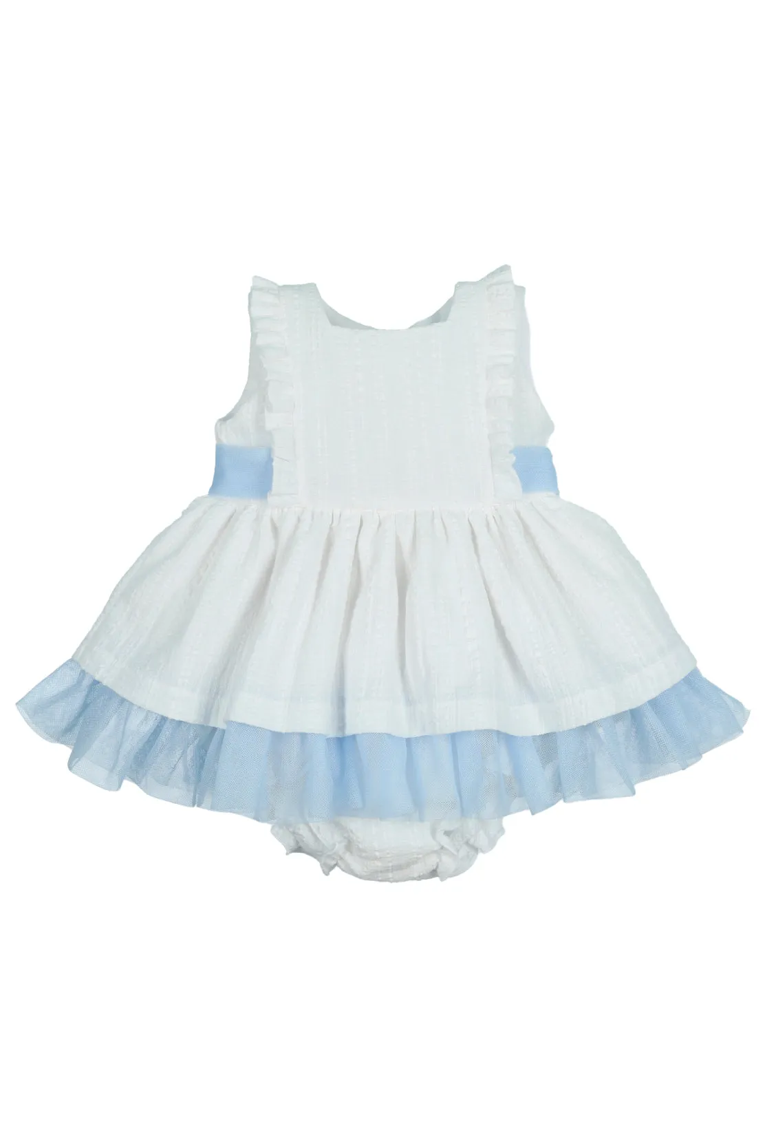 "Roselyn" White & Blue Tulle Dress & Bloomers