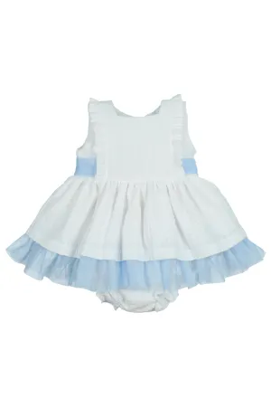 "Roselyn" White & Blue Tulle Dress & Bloomers