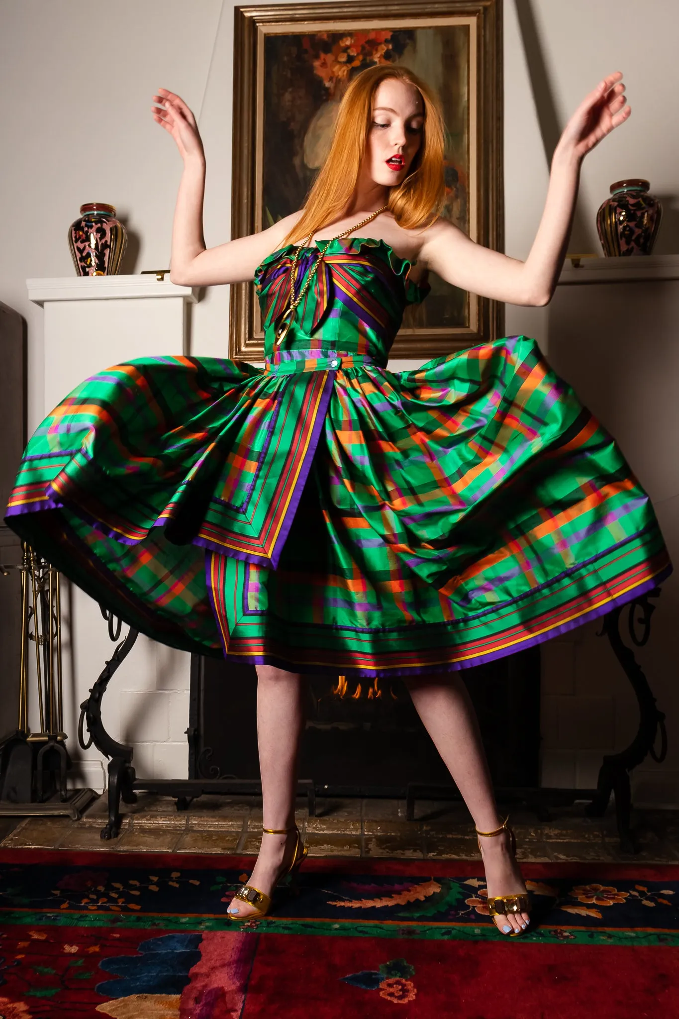 Rainbow Plaid Silk Dress & Skirt Set