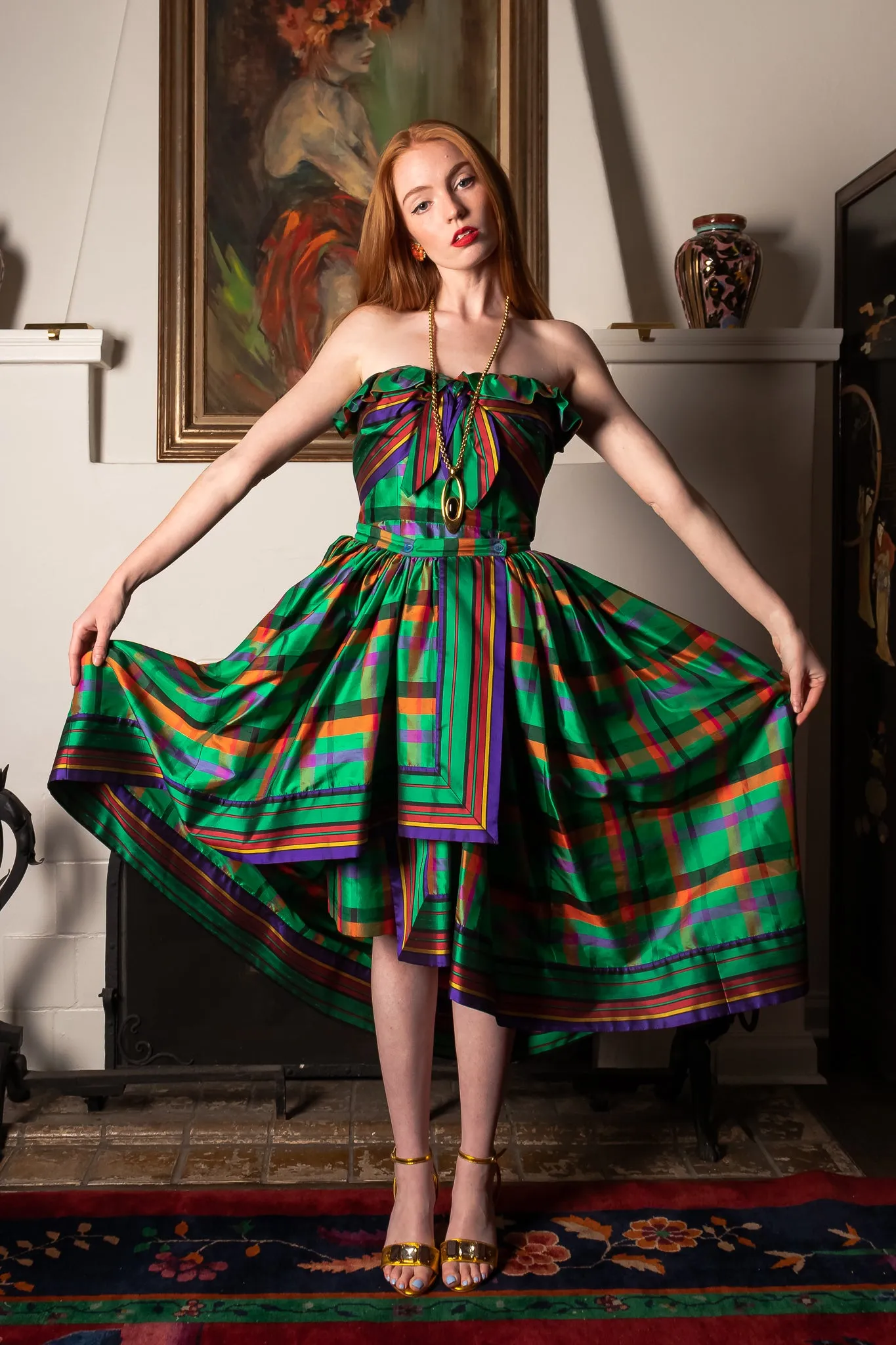 Rainbow Plaid Silk Dress & Skirt Set