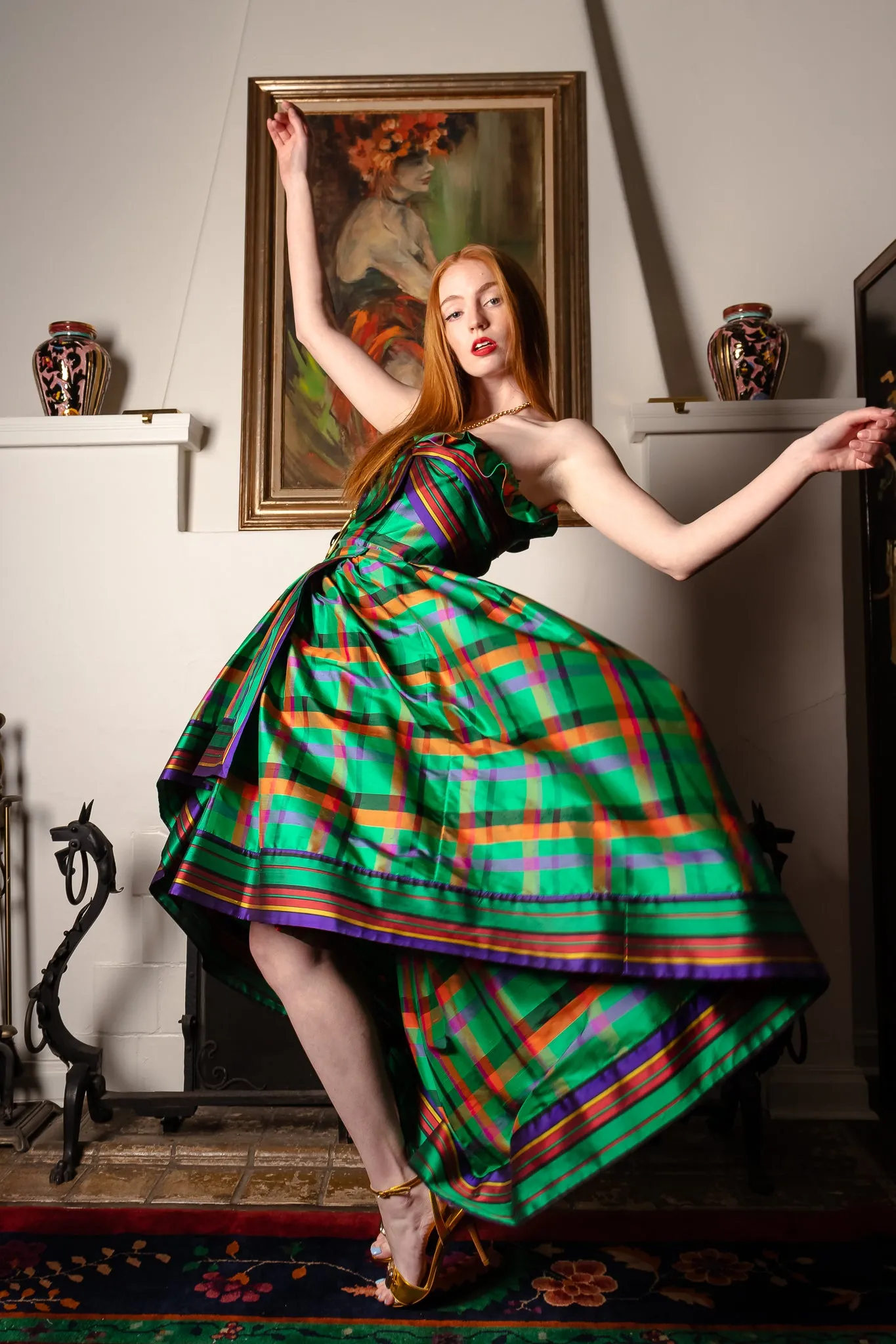 Rainbow Plaid Silk Dress & Skirt Set