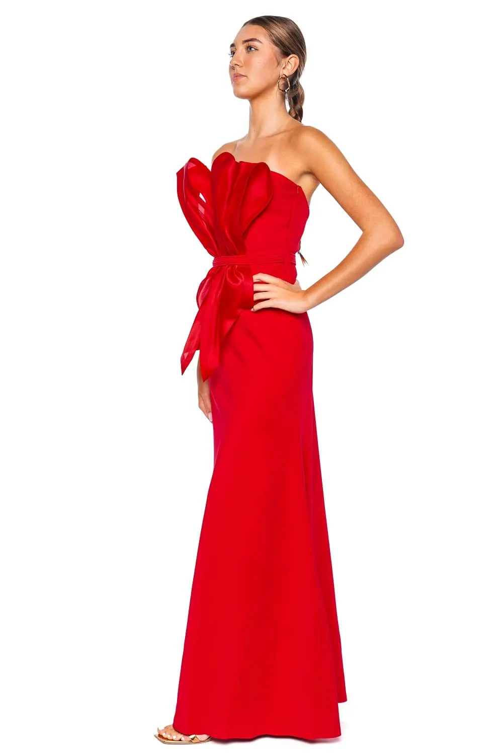 Raquira Red Bow Strapless Maxi Dress
