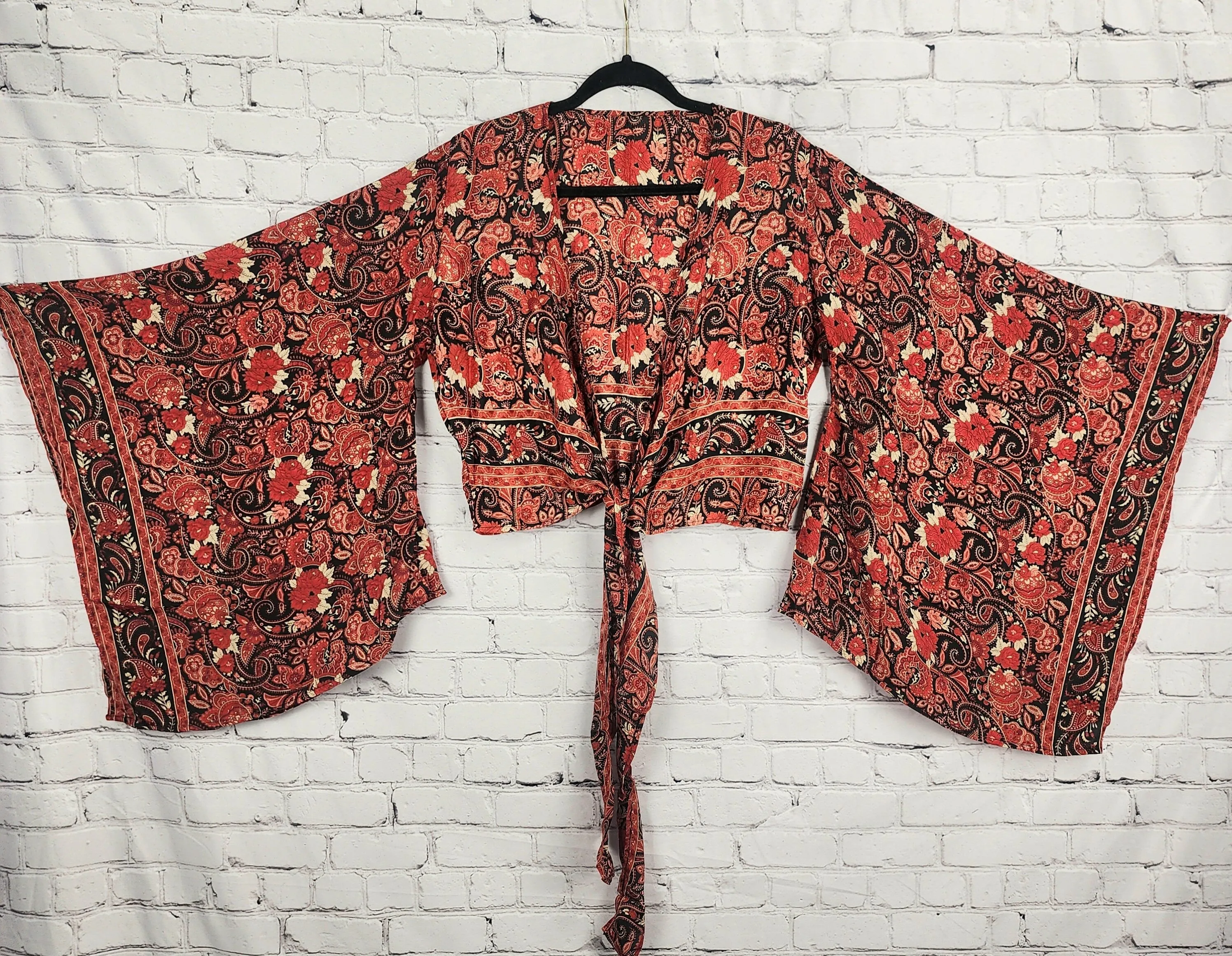 Red Boho Wrap Crop Top/Bell Sleeve Crop Top/Tie front bell sleeve top/festival crop top/front tie front or back crop/Beach top/ Party Top