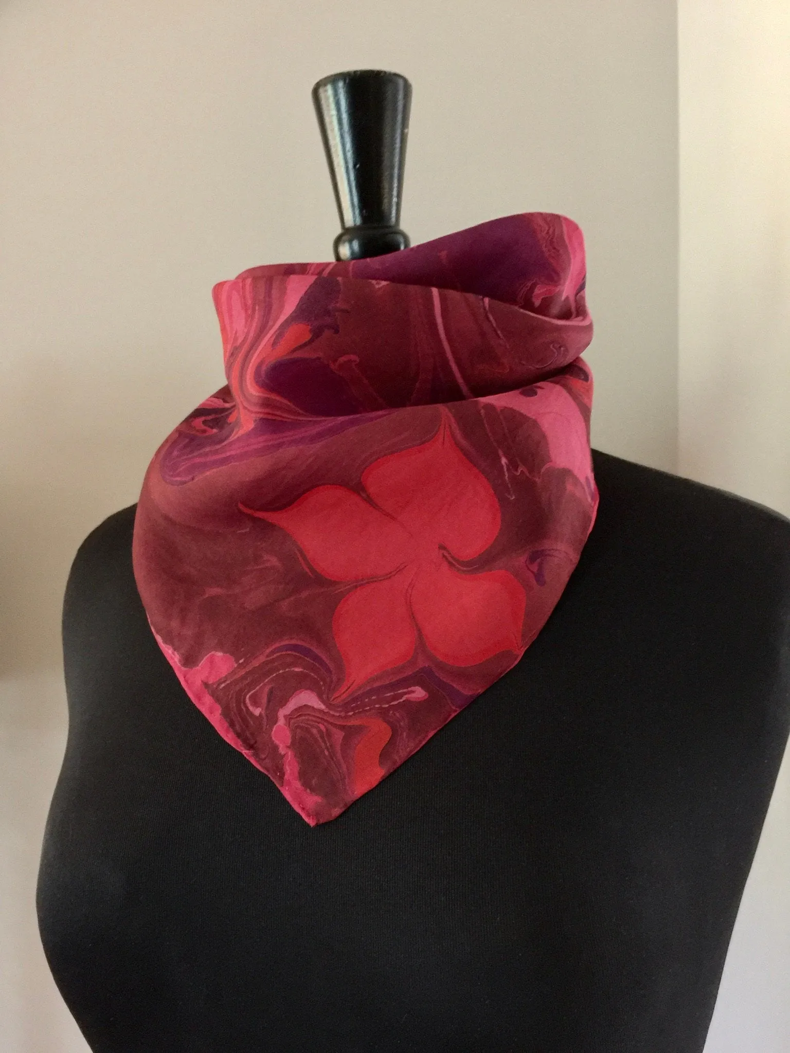 Red Floral 21x21 Square Habotai silk. Wear this unique piece in your hair, as a neckerchief, pocket square, or accessorize your dog.