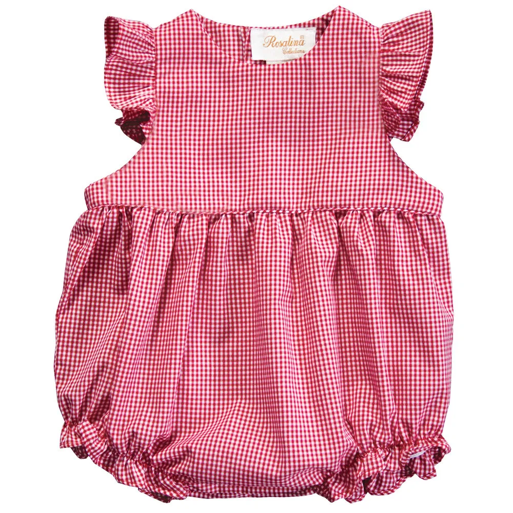 Red Gingham Ruffled Girl Angel Sleeve Bubble