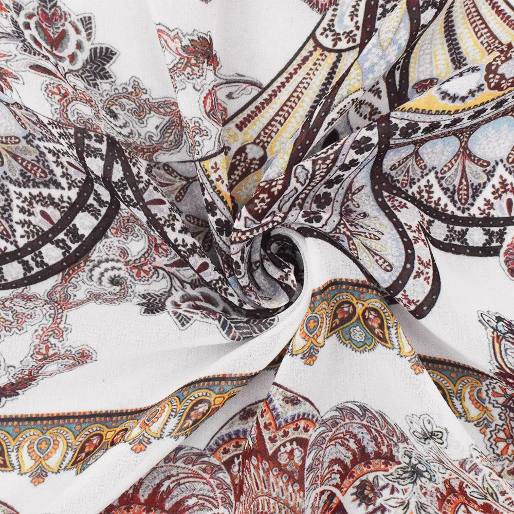 Red-Multi Famous Designer Viscose Paisley Border Printed Chiffon Fabric