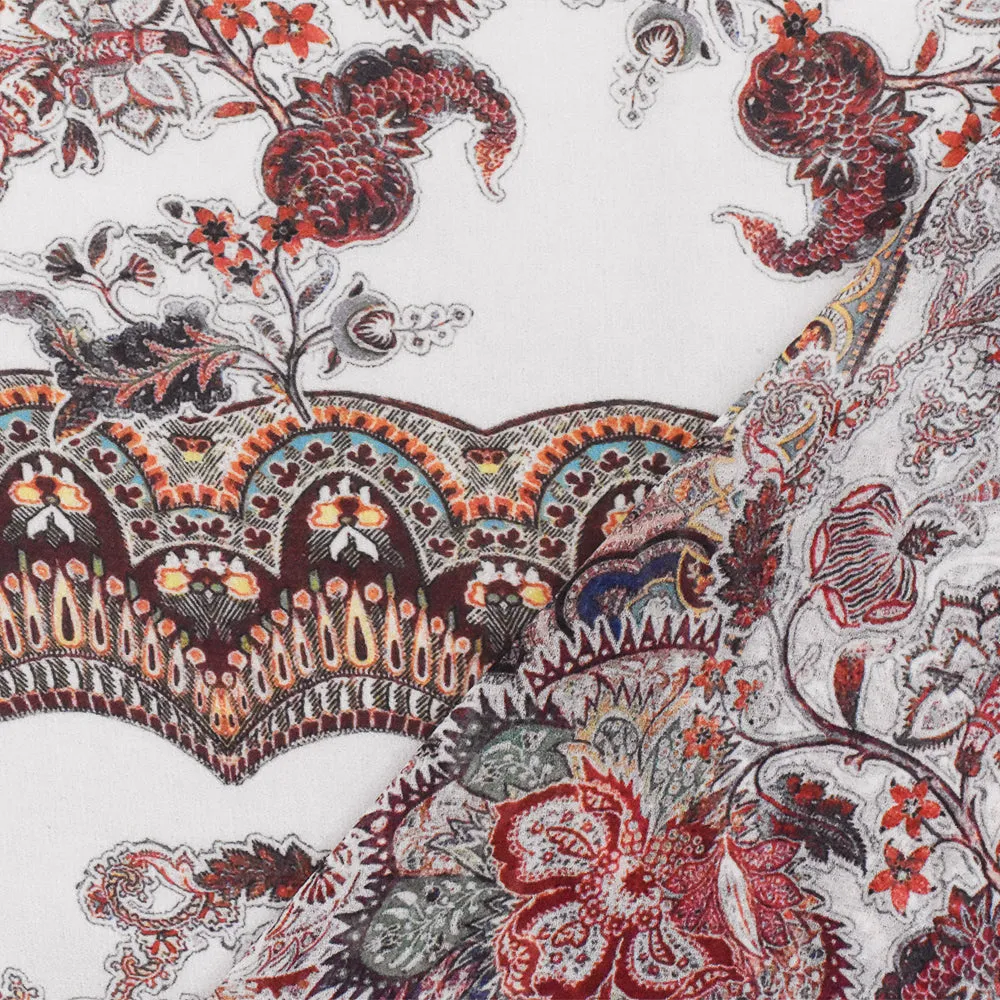 Red-Multi Famous Designer Viscose Paisley Border Printed Chiffon Fabric