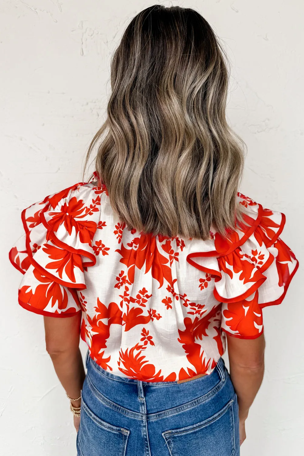 Red Plant Print Tiered Ruffled Sleeve Blouse