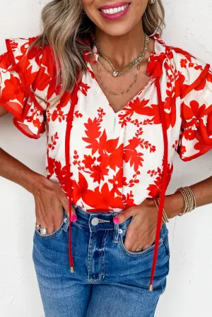 Red Plant Print Tiered Ruffled Sleeve Blouse