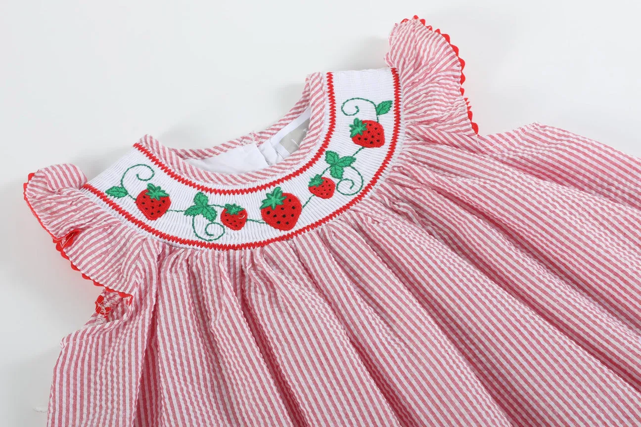 Red Seersucker Strawberry Smocked Bishop Dress