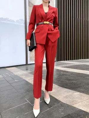 Red Two Piece Set Womens Notched Collar Long Sleeve Blazer High Waist