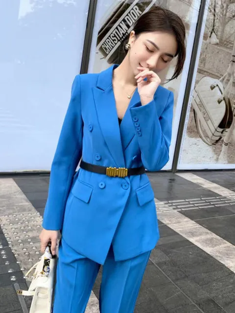 Red Two Piece Set Womens Notched Collar Long Sleeve Blazer High Waist