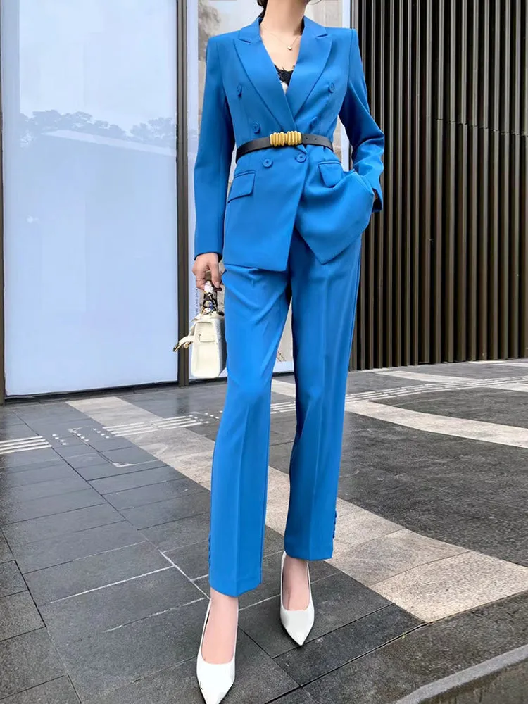 Red Two Piece Set Womens Notched Collar Long Sleeve Blazer High Waist