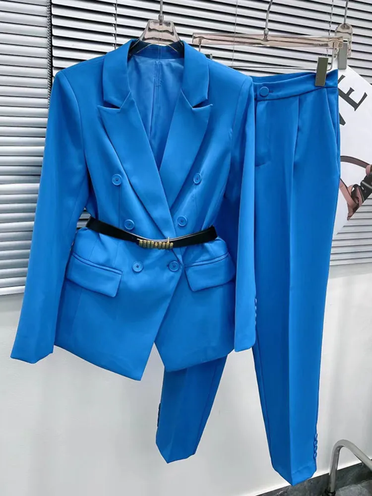 Red Two Piece Set Womens Notched Collar Long Sleeve Blazer High Waist