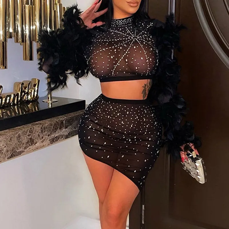Rhinestone Feather Design Sheer Mesh 2PCS Skirt Set