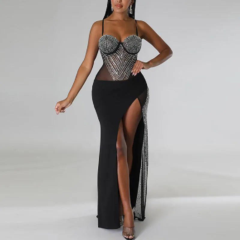 Rhinestone Sheer Mesh Patchwork High Slit Maxi Dress