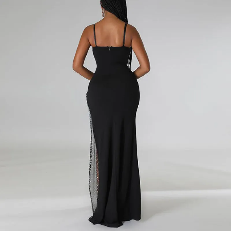 Rhinestone Sheer Mesh Patchwork High Slit Maxi Dress