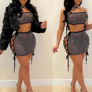 Rhinestone Sheer Mesh Tube Top & Hollow Out Skirt Set