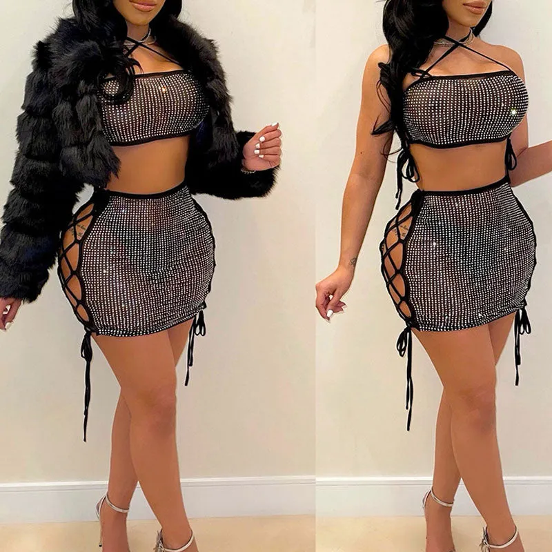 Rhinestone Sheer Mesh Tube Top & Hollow Out Skirt Set