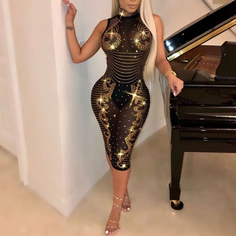 Rhinestone Sleeveless Sheer Mesh See Through Bodycon Dress