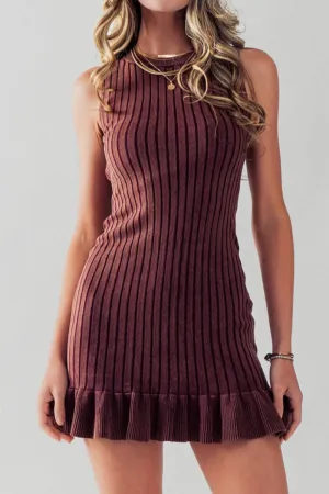 Ribbed Knit Mineral Washed Ruffled Hem Mini Dress