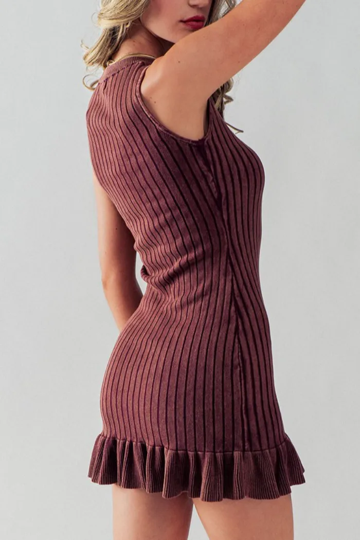 Ribbed Knit Mineral Washed Ruffled Hem Mini Dress