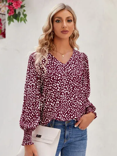 Roonie Printed V-Neck Lantern Sleeve Blouse