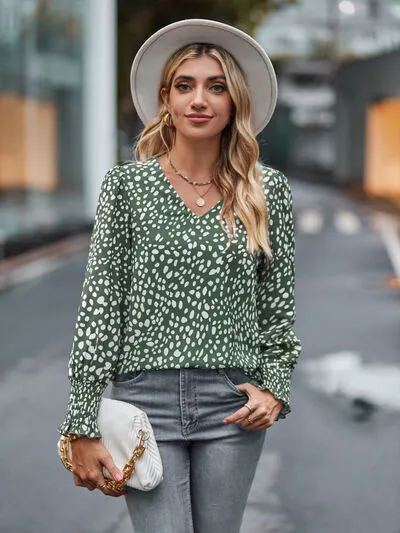 Roonie Printed V-Neck Lantern Sleeve Blouse