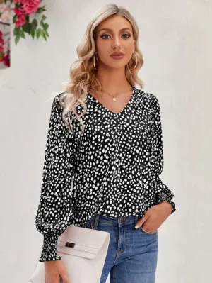 Roonie Printed V-Neck Lantern Sleeve Blouse
