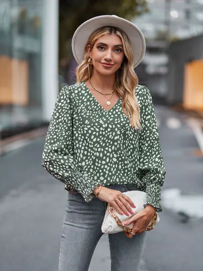 Roonie Printed V-Neck Lantern Sleeve Blouse