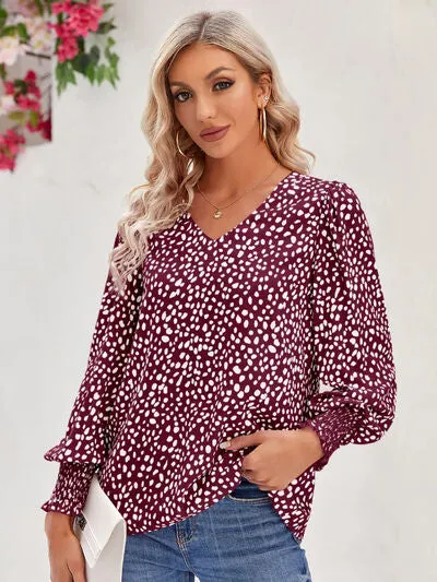 Roonie Printed V-Neck Lantern Sleeve Blouse