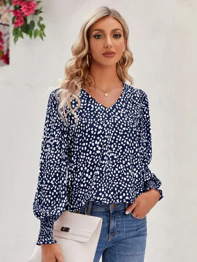 Roonie Printed V-Neck Lantern Sleeve Blouse